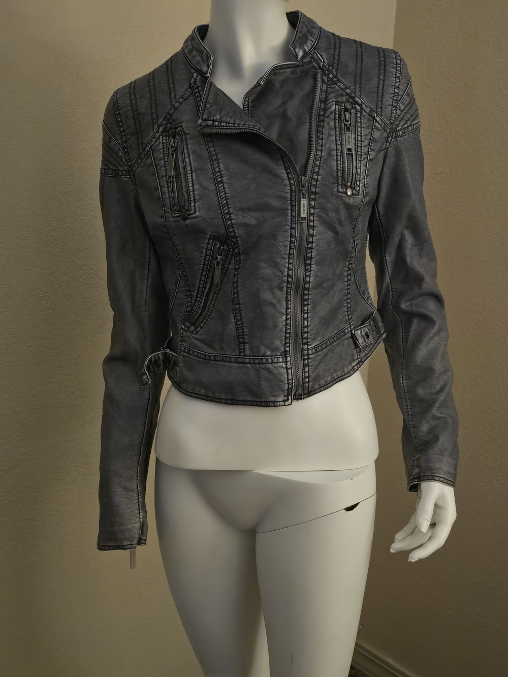 Jou Jou Charcoal Gray Distressed 100% Polyurethine Leather Like  Moto Jacketsz S